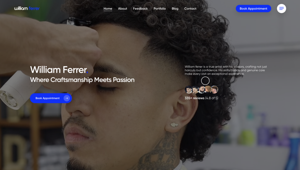William Ferrer homepage website design showcasing a modern barber brand in Pinole, California